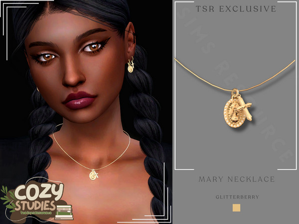 Sims 4 — Cozy Studios Mary Necklace by Glitterberryfly — A gold dark academia vibe necklace.