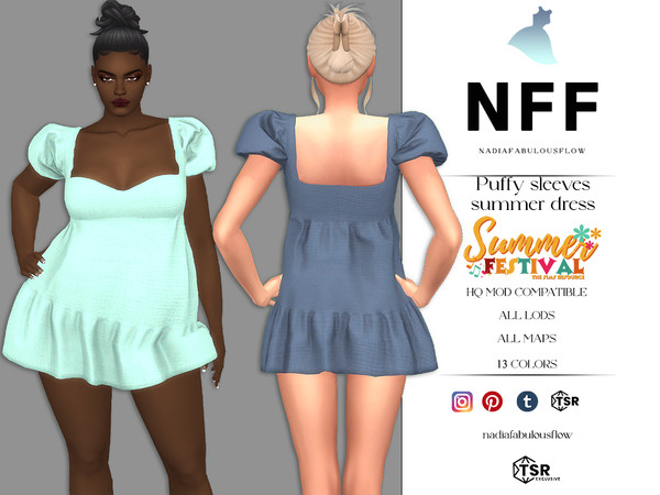 Sims 4 — Puffy sleeves summer dress by Nadiafabulousflow — A puffy sleeves summer dress with a cotton blend texture