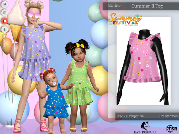 Sims 4 — Summer II Top- Child by KaTPurpura — Flower Print Ruffle Sleeveless Blouse