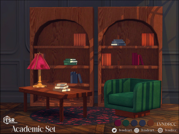 Sims 4 — (Cozy Studies) Academic Set by LVNDRCC — Vintage style set made from dark wood and aged leather, with floral rug