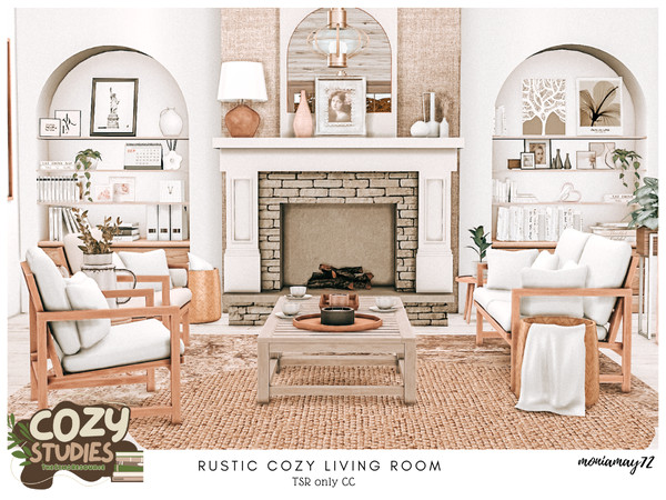 Sims 4 — Rustic Cozy Living Room TSR only CC by Moniamay72 — A beautiful Cozy Rustic Living Room for Cozy Studies Collab.