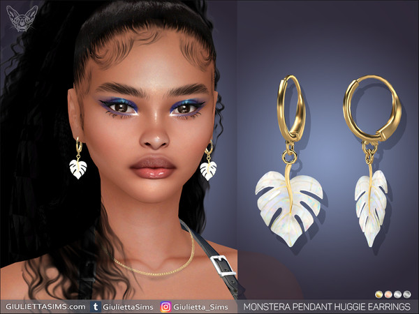 Sims 4 — Monstera Pendant Huggie Earrings by feyona — Monstera Pendant Huggie Earrings come with 4 swatches. * 4 swatches