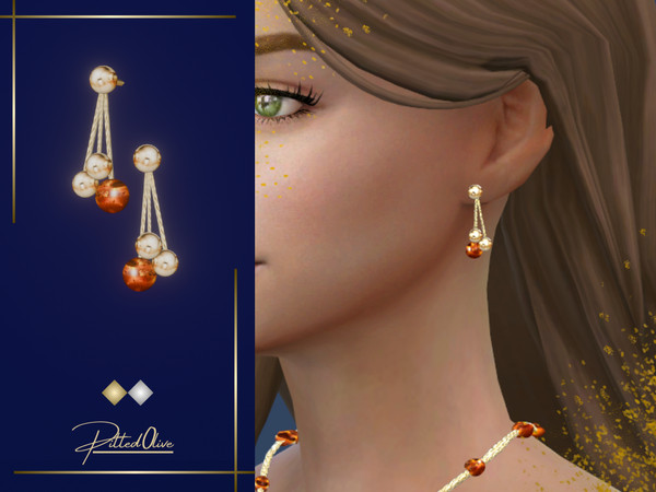 Sims 4 — Delanne Earrings by Pitted0live — Autumnal amber and gold bead dangling earrings Custom catalog image