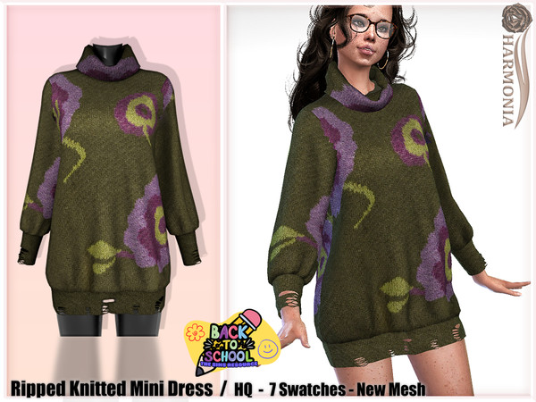 Sims 4 — Back To School - Campus- Ripped Knitted Mini Dress by Harmonia — New Mesh
