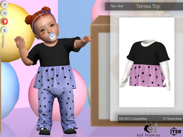 Sims 4 — Teresa Top- Infant by KaTPurpura — Heart Print Loose Fit Short Sleeve Top