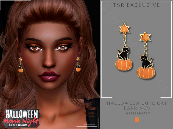 Sims 4 — Halloween Cute Cat Earrings by Glitterberryfly — A pumpkin black cat earring with orange gemstones