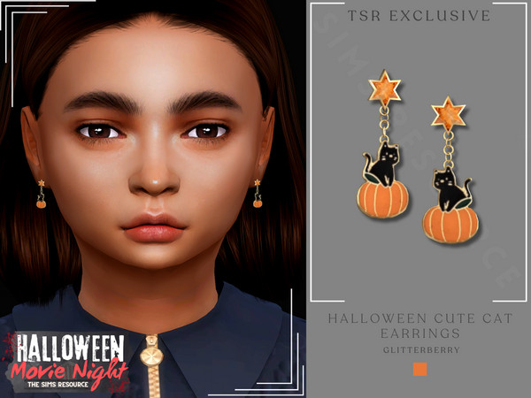 Sims 4 — Halloween Cute Cat Earrings- Child Version by Glitterberryfly — A cute child earring with black cat and pumpkin