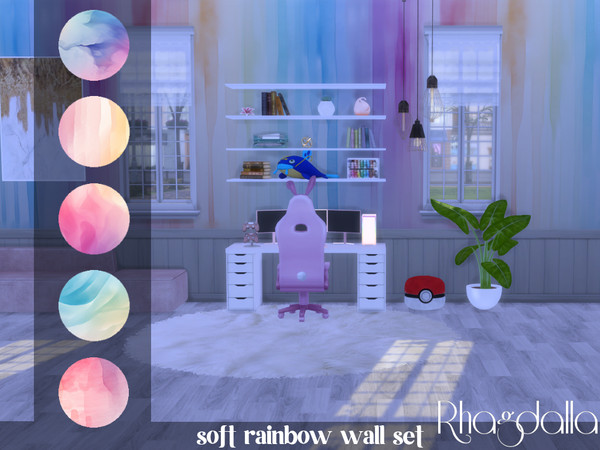 Sims 4 — Soft Rainbow Walls by Rhagdalla — soft rainbow walls with light wood