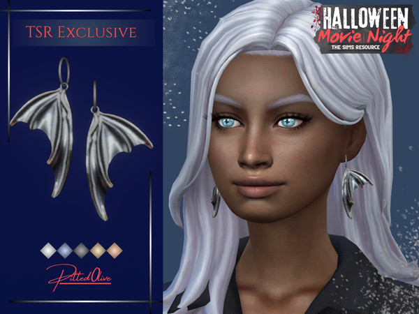 Sims 4 — Pipistrelle Bat Wing Earrings by Pitted0live — Bat wing shaped large earrings for Halloween Custom catalog image