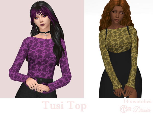 Sims 4 — Tusi Top by Dissia — Long sleeves floral tucked top