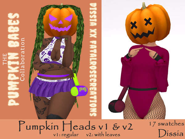 Sims 4 — Pumpkin Heads by Dissia — Two pumpkin heads - one with leaves (v2) and one without (v1)