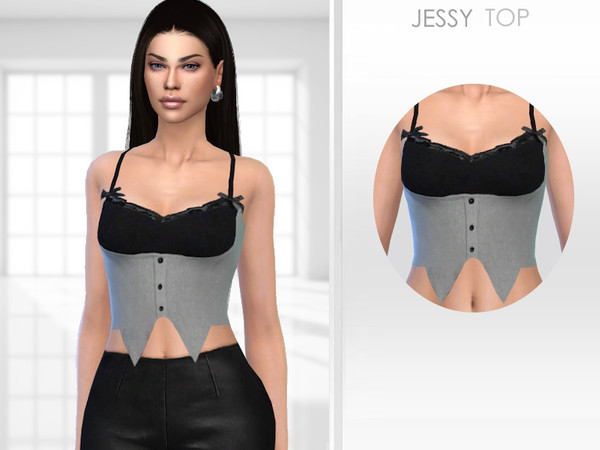 Sims 4 — Jessy Top by Puresim — Grey and black top for female sims.