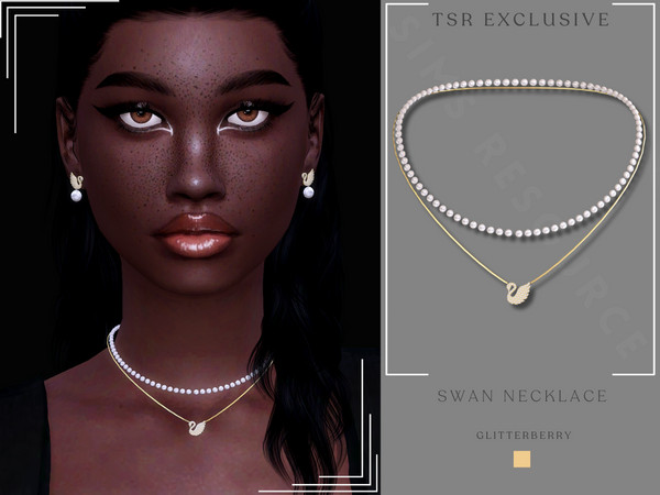 Sims 4 — Swan Layered Necklace by Glitterberryfly — A pearl necklace with a gold chain necklace and swan pendant