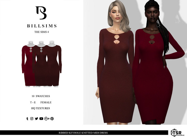 Sims 4 — Ribbed Keyhole Knitted Midi Dress by Bill_Sims — This dress features a knitted material with a keyhole design