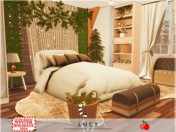 Sims 4 — Winter Holidays 2024 - Lucy bedroom by melapples — a cozy and warm bedroom with a double bed for holiday season.