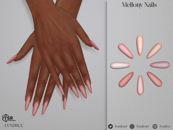 Sims 4 — Mellony Nails by LVNDRCC — Medium length almonds with gradient design in an array of light, pastel shades.