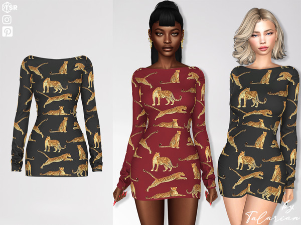 Sims 4 — Mallory Dress by talarian — A mini dress with long sleeves and a bold animal-print pattern Available in 20