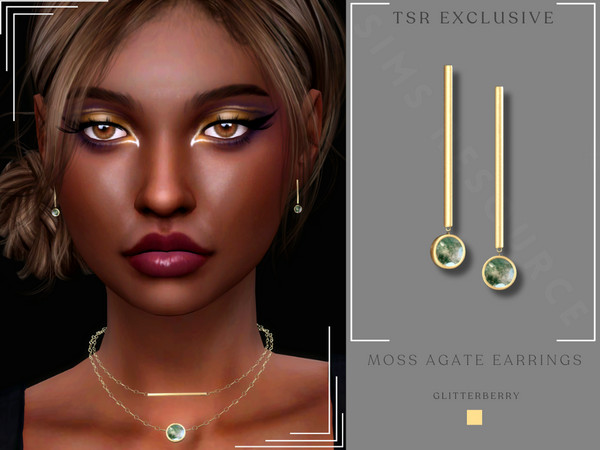 Sims 4 — Moss Agate Earrings by Glitterberryfly — A simple bar earring with moss agate pendant