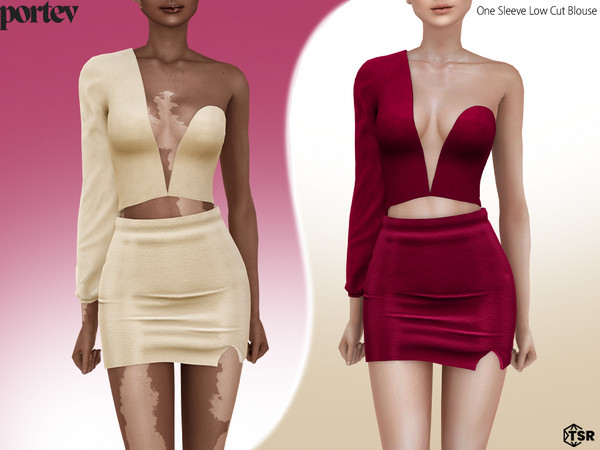 Sims 4 — One Sleeve Low Cut Blouse by portev — new Mesh 10 colors