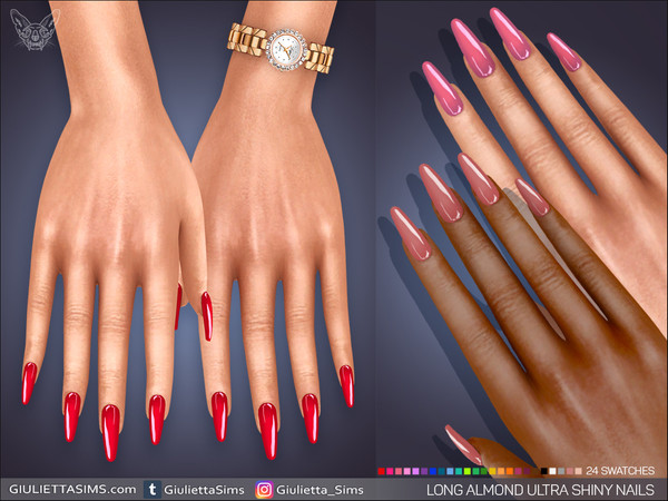 Sims 4 — Long Almond Ultra Shiny Nails by feyona — Long Almond Ultra Shiny Nails come with 24 swatches. * Fingernail