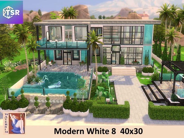 Sims 4 — ws House Modern White 8 NoCC by watersim44 — House Modern White 8, Living,Dining, Kitchen, Office, 2Bed - and 2