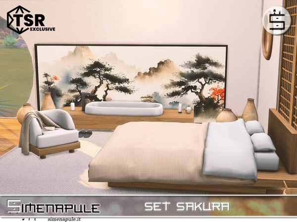 Sims 4 — Set Sakura by Simenapule — A bedroom designed in a Japanese-inspired minimalist style, Wabi-sabi, featuring