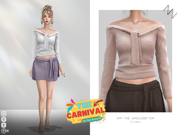 Sims 4 — OFF-THE-SHOULDER TOP by ZNsims — off-the-shoulder, top, short style, lace-up, mid-length sleeves
