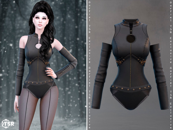 Sims 4 — Alicia - Leather bodysuit by Garfiel — A bold and edgy leather bodysuit with cyberpunk and futuristic