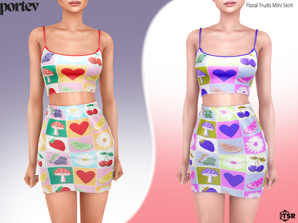 Sims 4 — Floral Fruits Mini Skirt by portev — new Mesh 7 colors