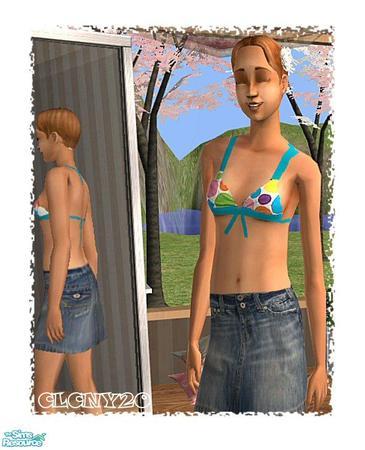Sims 2 — White Dot Bikini Top Outfit For YAF's by clcny20 — And here's the remake of this dot bikini top and jean skirt
