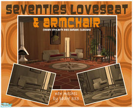 Sims 2 — Seventies Loveseat and Armchair by Padre — Loveseat and armchair in cream vinyl with red damask cushions