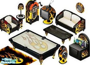 Sims 1 — Flame Set by STP Carly — Includes: Tv, Stereo, Bar, Chair, Coffetable, Juke box, Lamp, Endtable, pooltable,