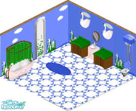 Sims 1 — Swan Bathroom by carriep — Includes: Walls(2), Floor, Bath, Sink, Mirror, Wall Light, Counter, Door, Toilet, Rug
