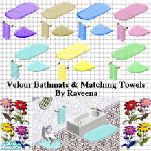 Sims 1 — Velour Bath Mat & Towel Set by Raveena — Includes: Toilet Mats(7), Bath Mats(7), Bath Towels(7)