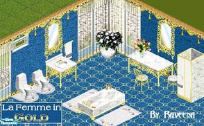 Sims 1 — La Femme Gold Bathroom by Raveena — Includes: Sink, Tub, Shower, Vanity, Chair, Mirror, Towel, Plant, Toilet,