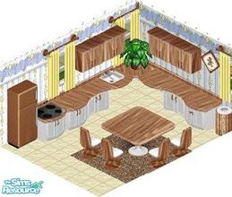 Sims 1 — OW Barcelona Kitchen by STP Carly — Includes: Counters (2), Alarm, Chair, Dining Table, Fridge, Over cabinet,