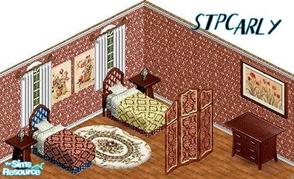 Sims 1 — Wedding Guestroom by STP Carly — Includes: Beds(2), Paintings (3), Dresser, Endtable, Rug, Screen