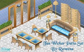 Sims 1 — Tan Wicker Set by Raveena — Includes: Chair, Sofa, Screen, Lamps(2), Endtable, Planter, Dining Table, Table