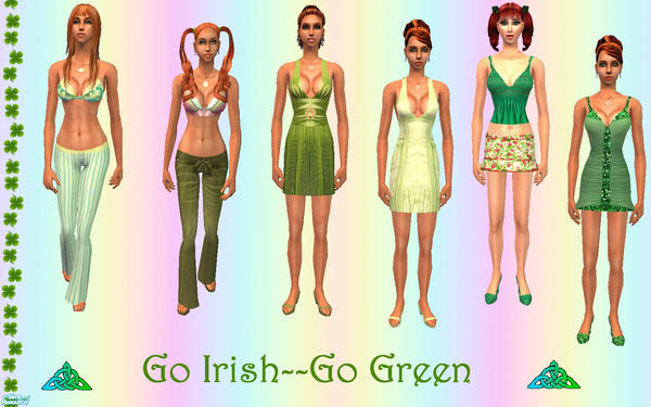 Sims 2 — Go Irish--Go Green by JewelRolls — Two pants outfits and four dresses in shades of "the Luck of the