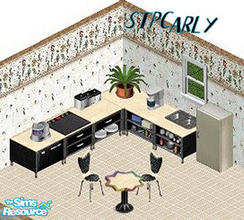 Sims 1 — Warehouse Flat Kitchen by STP Carly — Includes: Canister, Counters(2), Fridge, Food Processor, Stove,