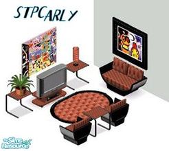 Sims 1 — Warehouse Flat Kitchen by STP Carly — Includes: Chair, Lamp, Loveseat, Rug, Plant, TV