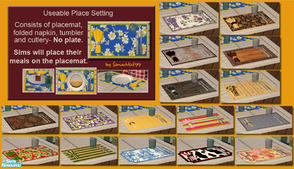 Sims 2 — Useable Place Settings by Simaddict99 — Decorative place mat, with folded napkin, cutlery and tumblers that