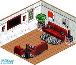 Sims 1 — Red Zebra Living by STP Carly — Includes: Art (2), Sofa, Chair, Endtable, Wall light, Table Lamp, Rug, TV(2)