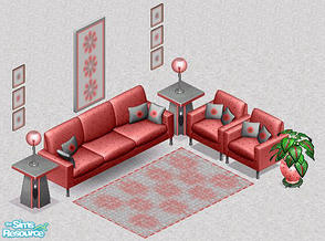 Sims 1 — Misty Strawberry Livingroom by Beth Ross — Includes: Sofa, Chair, Lamp, Rug, Endtable, Paintings(2), Plant