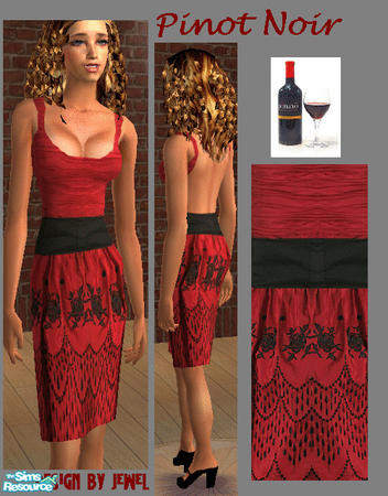 Sims 2 — Pinot Noir by JewelRolls — Sexy cocktail dress in a deep red taffeta with black embroidery and cumberbund,