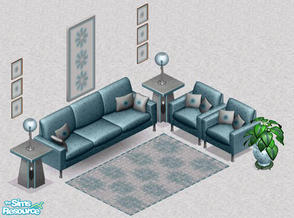 Sims 1 — Misty Blueberry Livingroom by Beth Ross — Includes: Chair, Endtable, Sofa, Lamp, Paintings(2), Rug, Plant