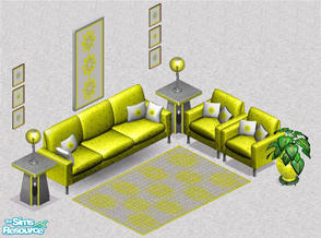 Sims 1 — Misty Grey Banana Livingroom by Beth Ross — Includes: Sofa, Chair, Lamp, Rug, Endtable, Paintings(2), Plant