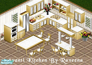 Sims 1 — Avanti Kitchen Set by Raveena — Includes; Alarm hood,Counters(2), Dining Chair, Dining Table, Dishwasher,