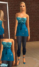 Sims 2 — Turquoise Sequin Tunic by SIMplyCurvy — Gorgeous turquoise strapless tunic over skinny jeans for curvy Sims.
