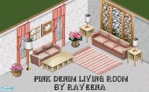 Sims 1 — Pink Denim Livingroom by Raveena — Pink Denim Livingroom, complete with sofa, loveseat, tables, lamps, rug and